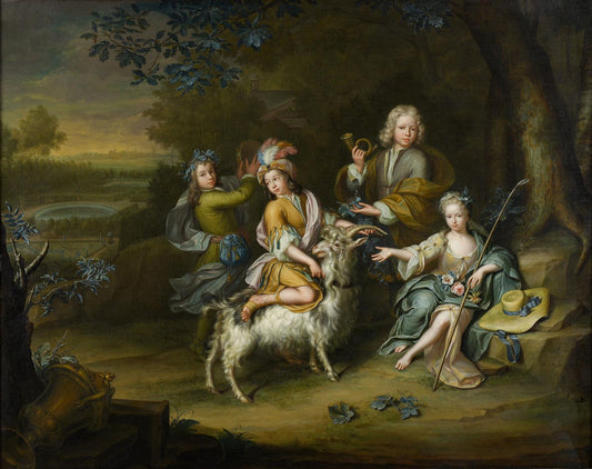 Four Children in a Park-like Landscape, vintage artwork by Hieronymus van der Mij, 12x8" (A4) Poster