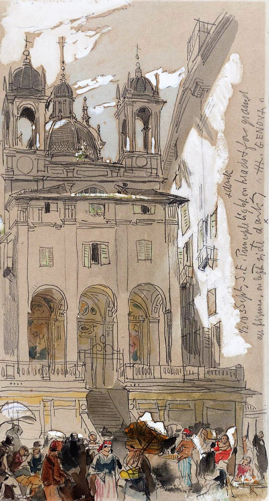 Genoa; a Crowd outside a Church, vintage artwork by James Holland, A3 (16x12") Poster Print