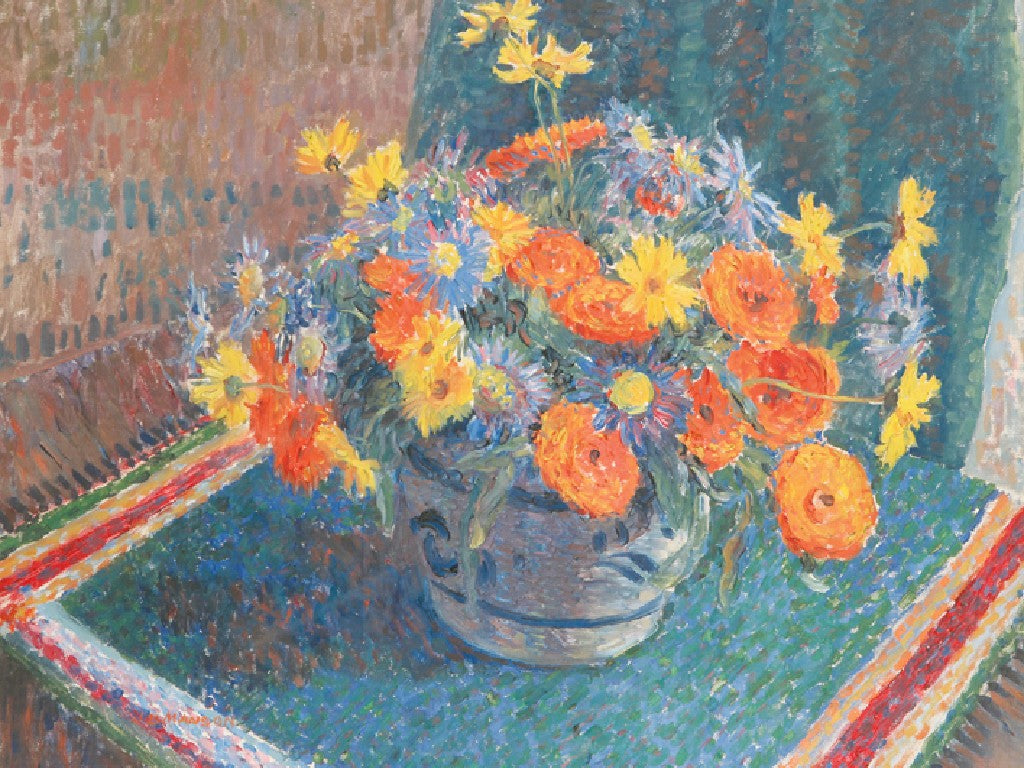 A still life of summer flowers in a pottery bowl on a table, vintage artwork by James Bolivar Manson, 12x8" (A4) Poster