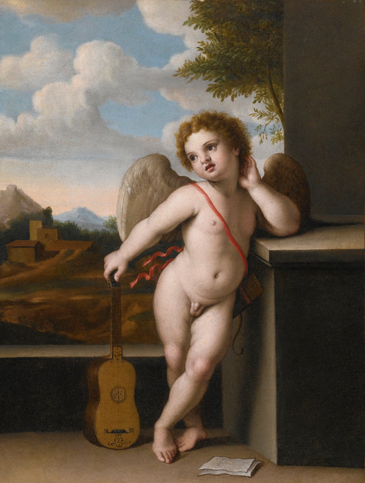An Angel Holding a Guitar, vintage artwork by Giovanni Salvi da Sassoferrato, 12x8" (A4) Poster