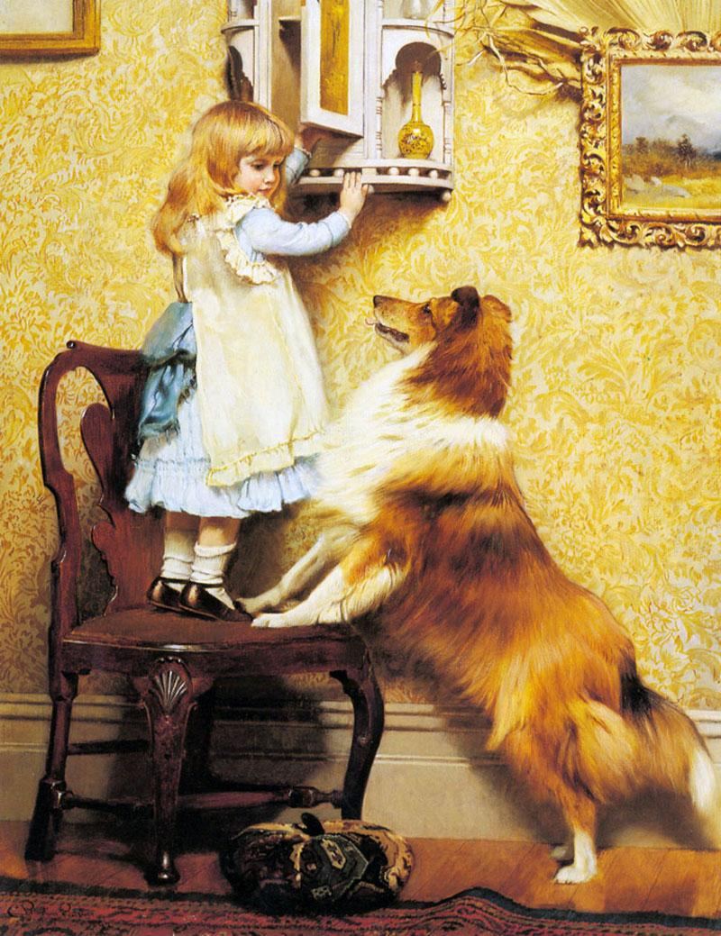 A Little Girl And Her Sheltie, vintage artwork by Charles Burton Barber, 12x8" (A4) Poster