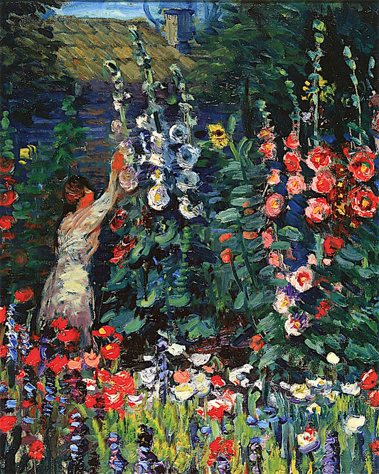 Hollyhocks in Our Garden, vintage artwork by Ada Augusta Wolfe, 12x8" (A4) Poster