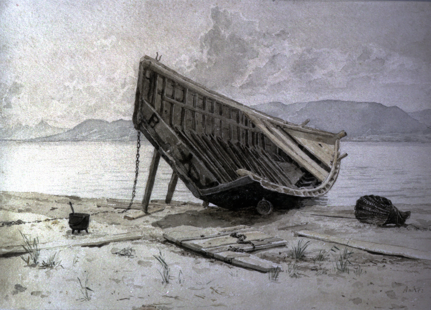 Boat on Lake Neuenburger, vintage artwork by Albert Anker, 12x8" (A4) Poster