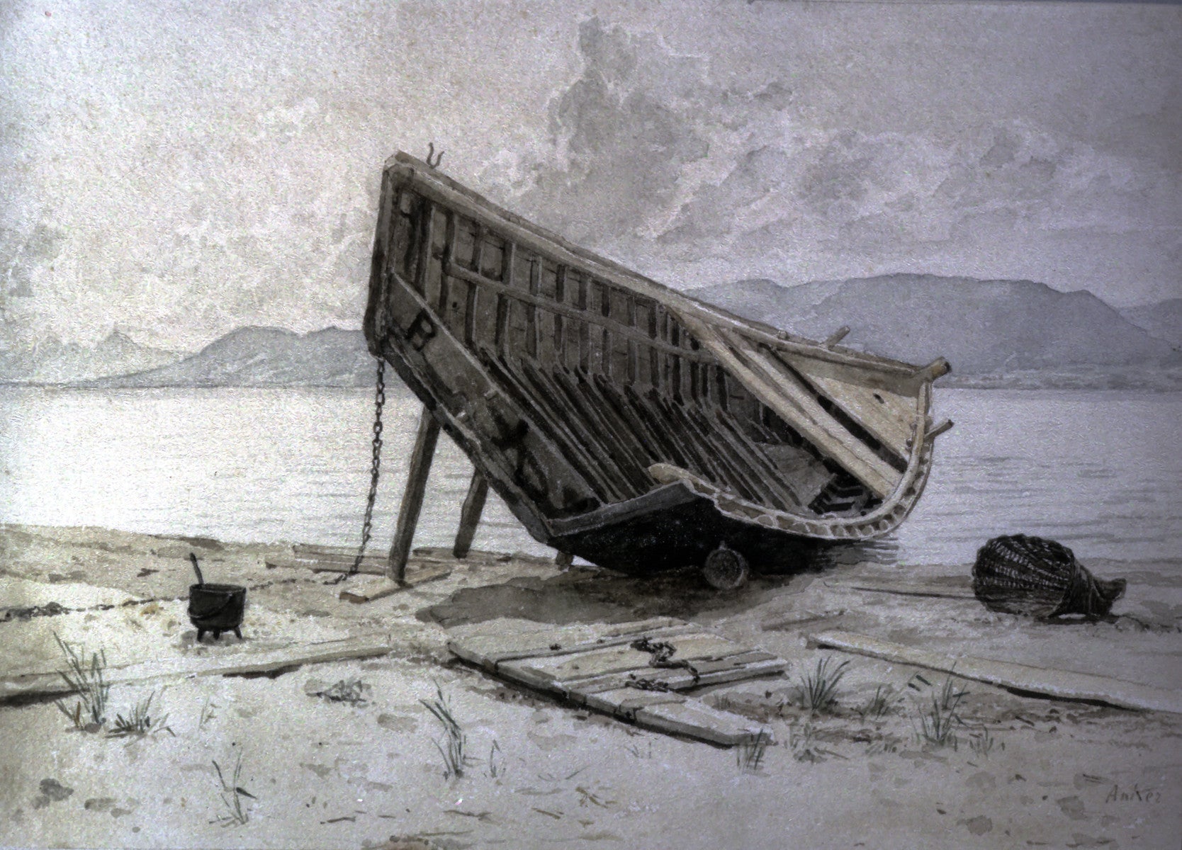 Boat on Lake Neuenburger, vintage artwork by Albert Anker, 12x8" (A4) Poster