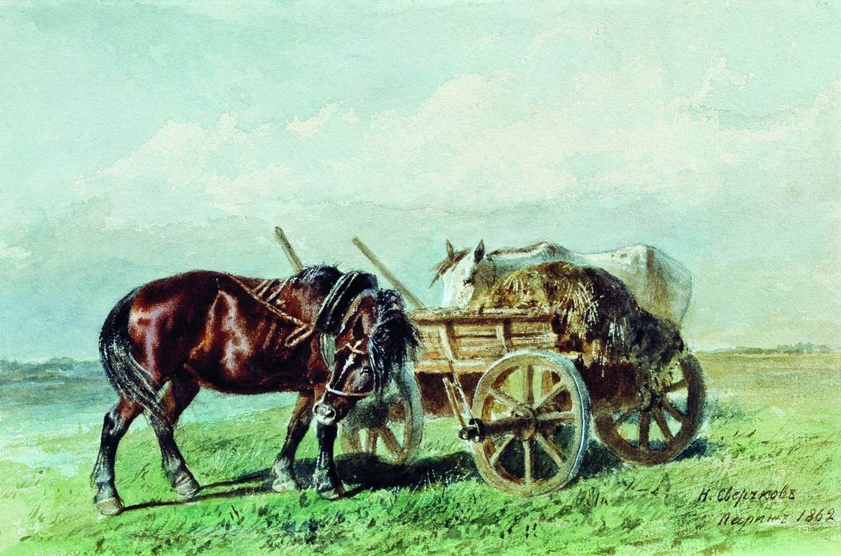 Horse in the Field, vintage artwork by Nikolai Sverchkov, A3 (16x12") Poster Print