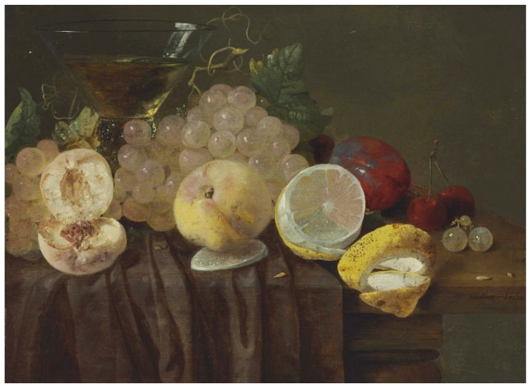 Grapes, peaches, a lemon, plums, cherries and a roemer on a partially-draped table, vintage artwork by Carstian Luyckx, 12x8" (A4) Poster