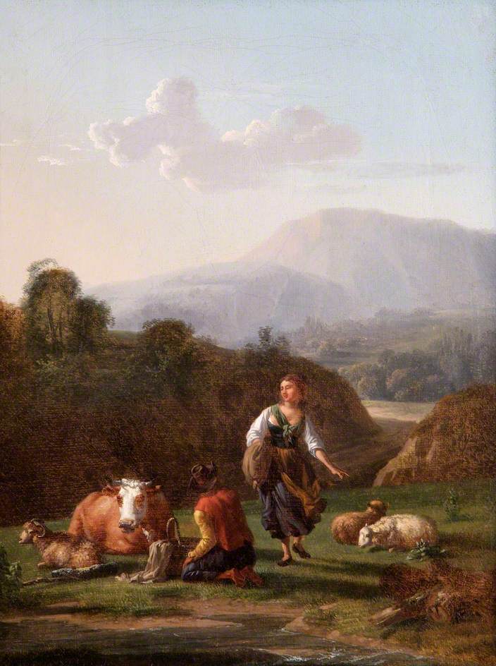Landscape at a River Bank with Figures and Cattle, vintage artwork by Carel Dujardin, 12x8" (A4) Poster