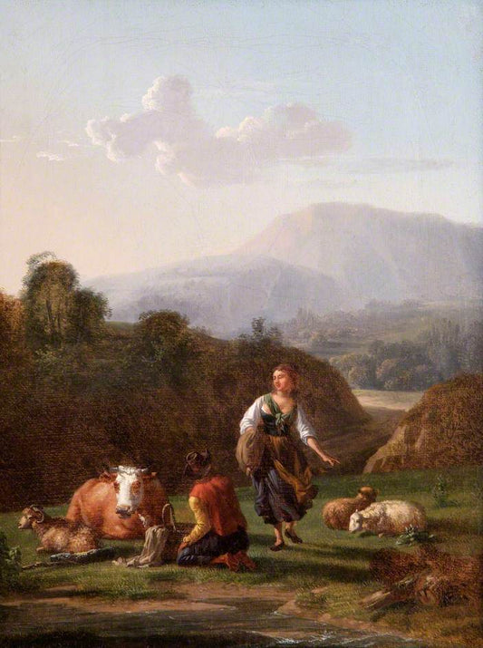 Landscape at a River Bank with Figures and Cattle, vintage artwork by Carel Dujardin, 12x8" (A4) Poster