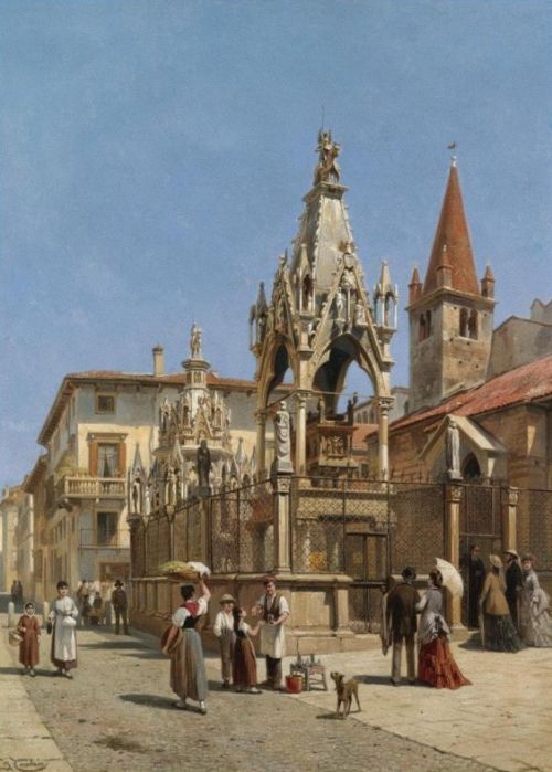 The Arch Scaligere, Verona, vintage artwork by Jacques Francois Carabain, 12x8" (A4) Poster