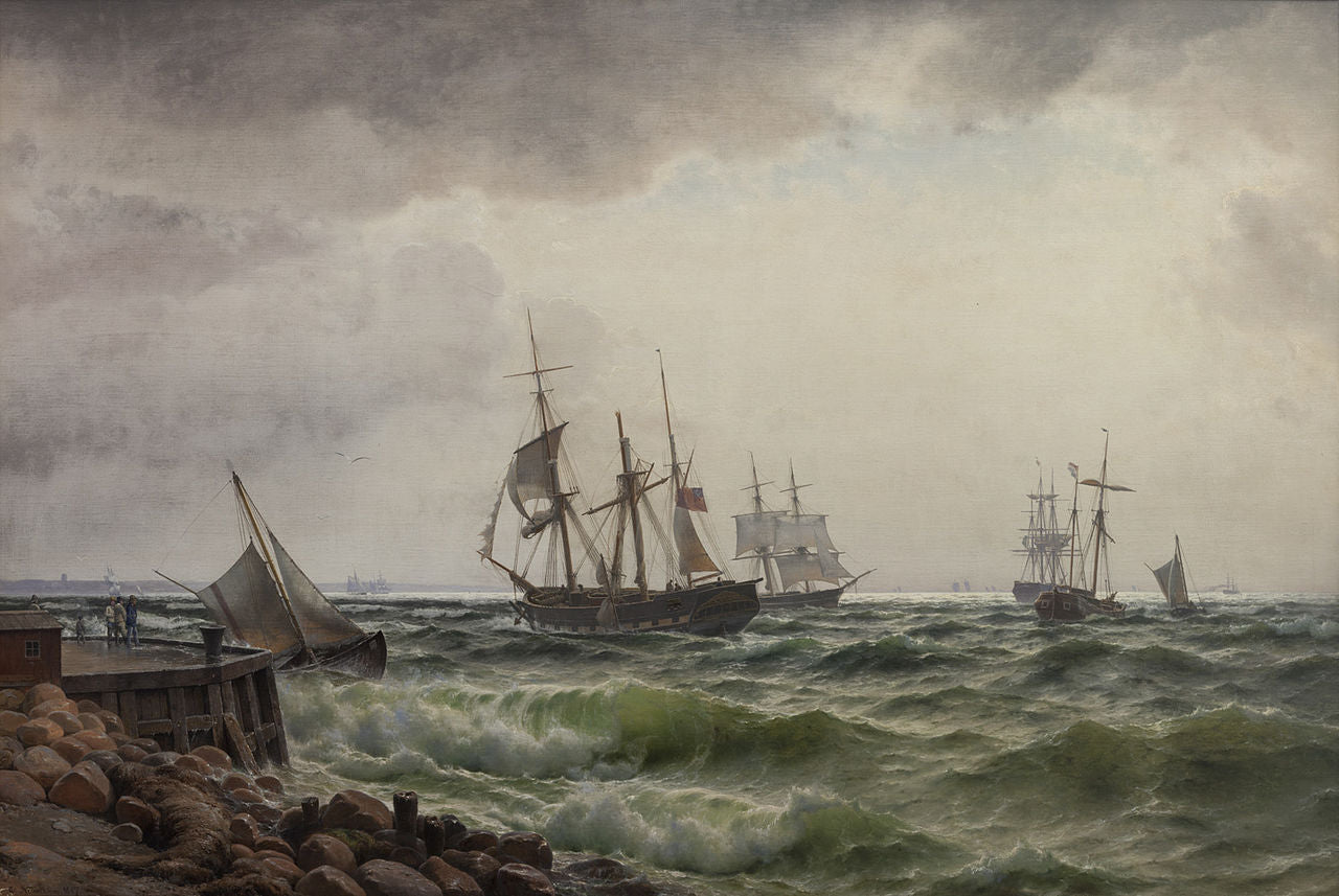 Ships near the coast after a shower, vintage artwork by Carl Neuman, 12x8" (A4) Poster