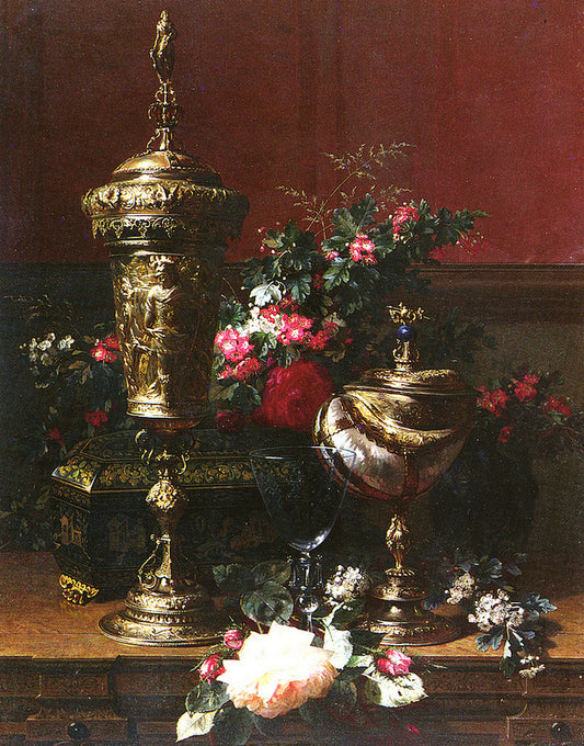 A Still Life with a German Cup, a Nautilus Cup, a Goblet and Cut Flowers, vintage artwork by Jean Baptiste Robie, A3 (16x12") Poster Print