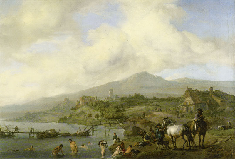 Landscape with River and Bathers, vintage artwork by Philips Wouwerman, 12x8" (A4) Poster