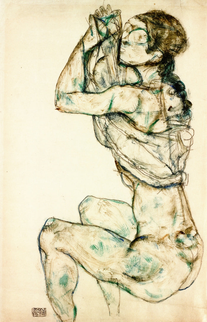 Female Nude with Raised Shirt, vintage artwork by Egon Schiele, 12x8