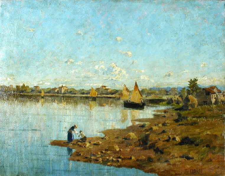 Laguna veneta con lavandaie e barche di pescatori, vintage artwork by Guglielmo Ciardi, 12x8" (A4) Poster