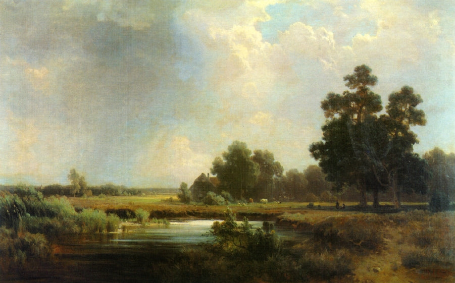 Farmhouse by  a Pond, vintage artwork by Eduard Schleich, A3 (16x12") Poster Print
