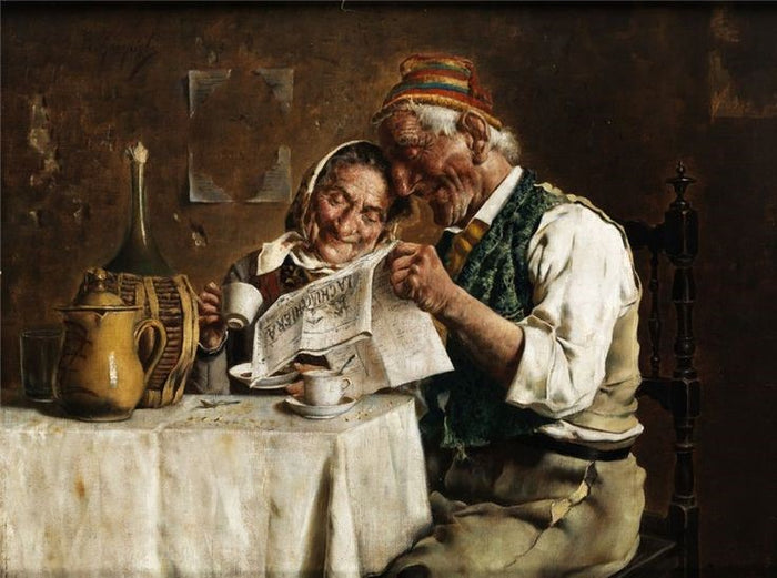Elderly couple reading the newspaper by Eugenio Zampighi,A3(16x12