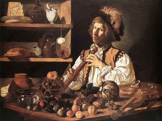 Interior with a Young Man Holding a Recorder, vintage artwork by Cecco del Caravaggio, 12x8" (A4) Poster