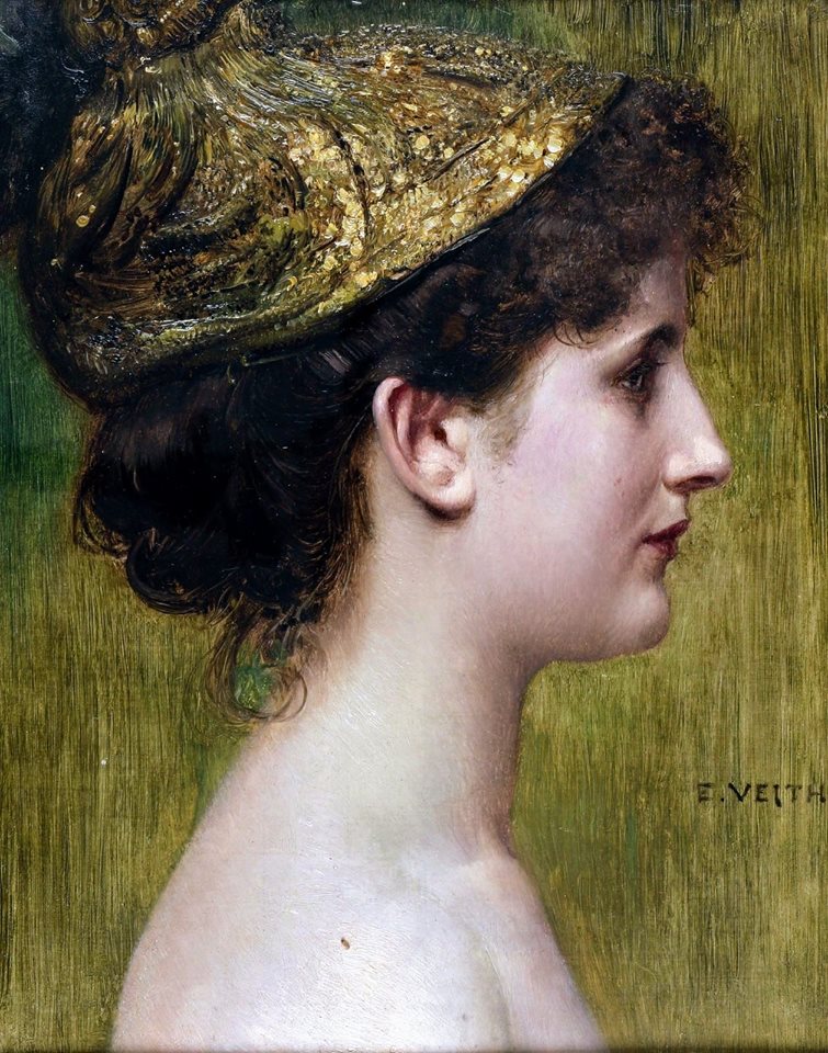 Young woman with gold cap, vintage artwork by Eduard Veith, 12x8" (A4) Poster