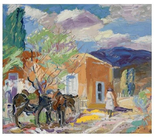 Outskirts of Santa Fe, Tethered Mules, vintage artwork by Albert Henry Krehbiel, 12x8" (A4) Poster