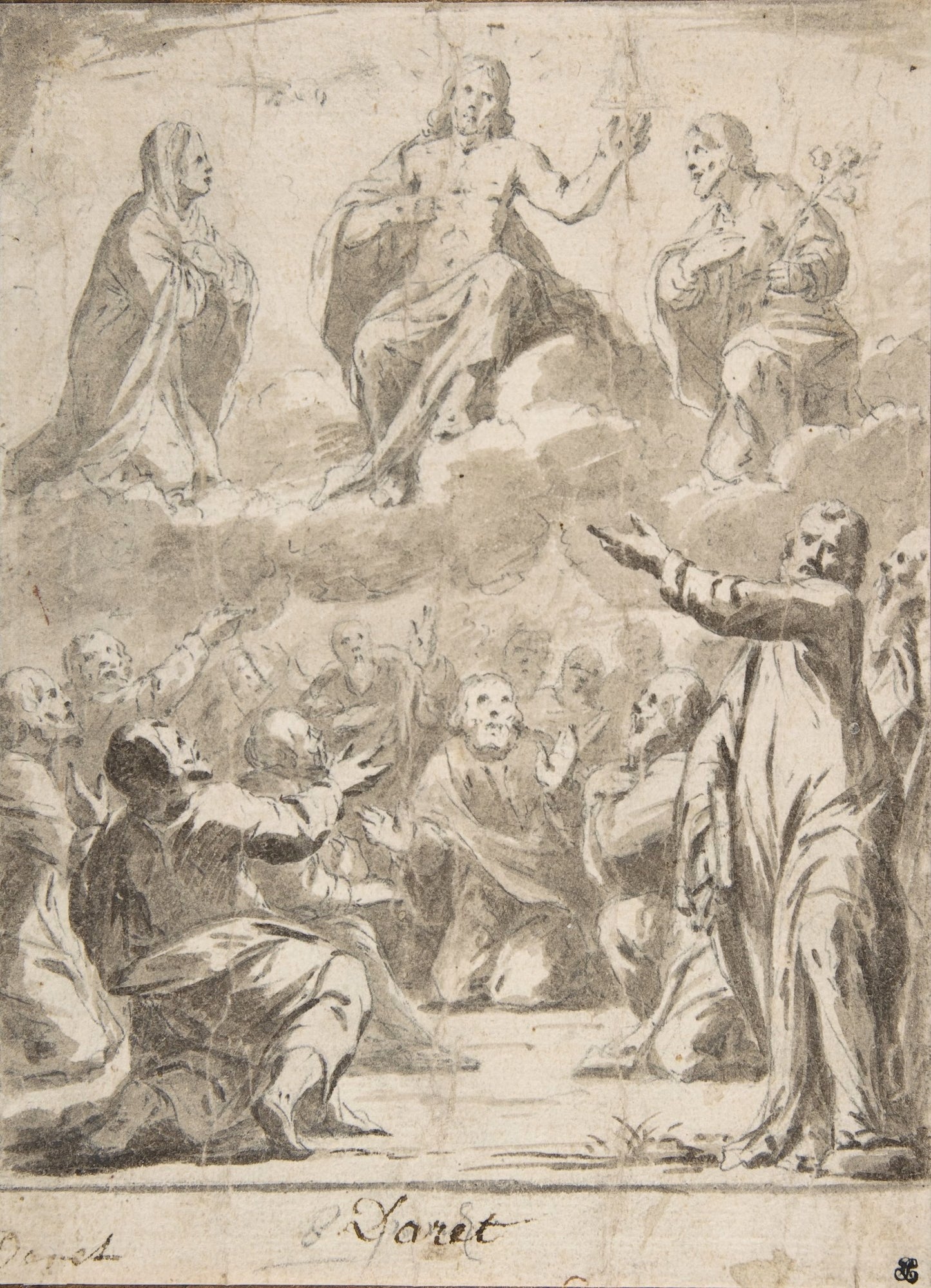 The Risen Christ between the Virgin and St. Joseph, Appearing to St. Peter and other Apostles, vintage artwork by Jean Daret, 12x8" (A4) Poster