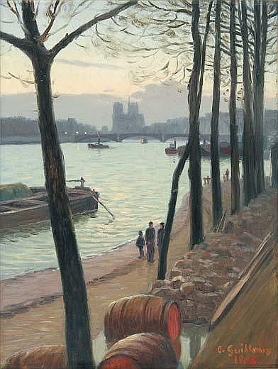 Notre-Dame et la Seine depuis Bercy, vintage artwork by Charles Guilloux, 12x8" (A4) Poster