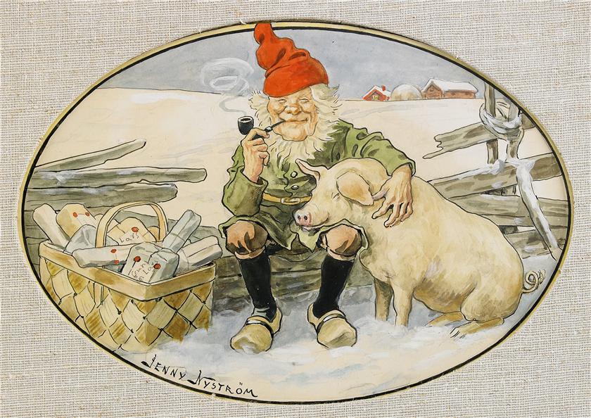 Pipe-smoking Gnome, vintage artwork by Jenny Nyström, 12x8" (A4) Poster