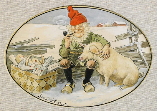 Pipe-smoking Gnome, vintage artwork by Jenny Nyström, 12x8" (A4) Poster