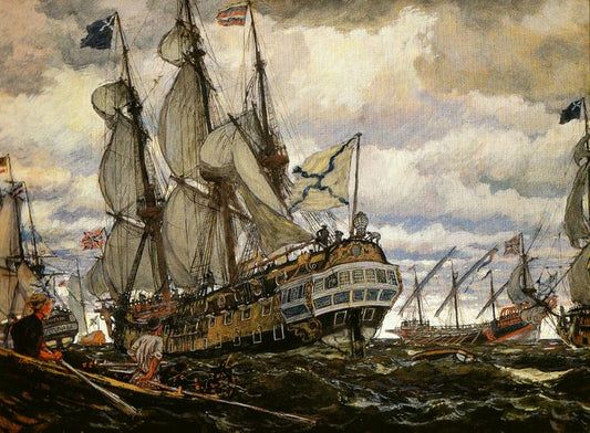 Ships of the Times of Peter I, vintage artwork by Evgeny Lanceray, 12x8" (A4) Poster