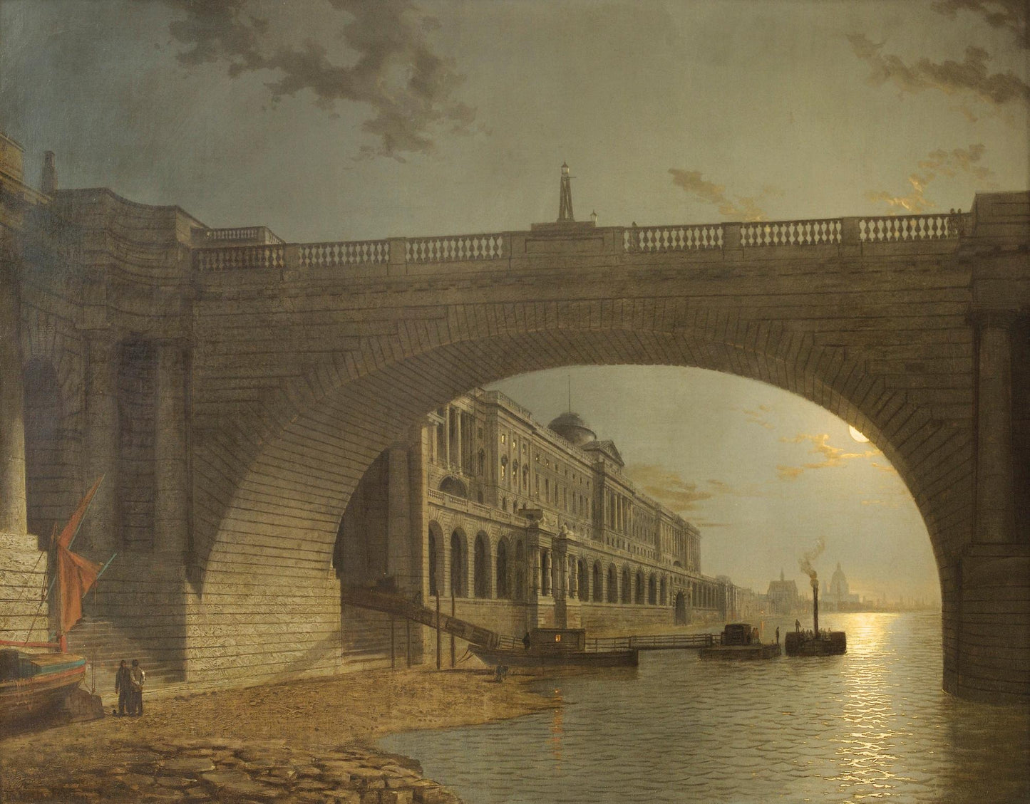Night View of Somerset House and Waterloo Bridge, London, vintage artwork by Henry Pether, 12x8" (A4) Poster