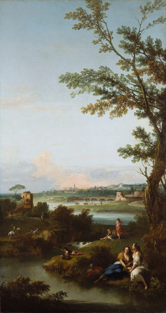 River Landscape with Two Seated Women Embracing, vintage artwork by Francesco Zuccarelli, 12x8" (A4) Poster