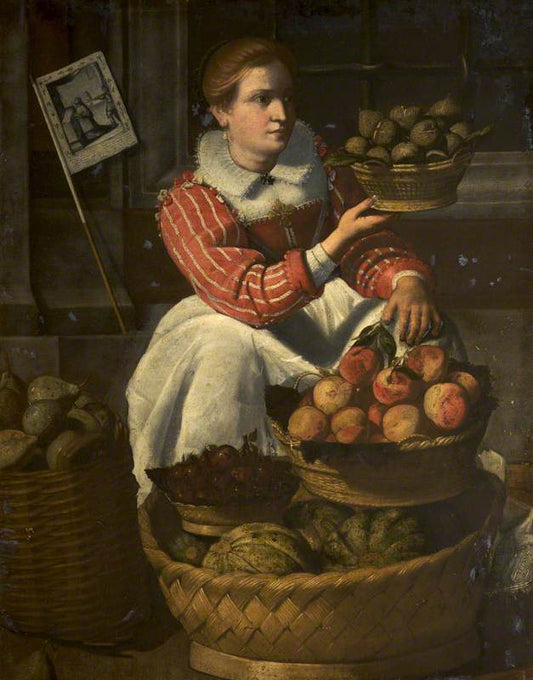 A Woman Selling Fruit with a Pilgrimage Banner, vintage artwork by Italian School 17th Century - Unknown, 12x8" (A4) Poster