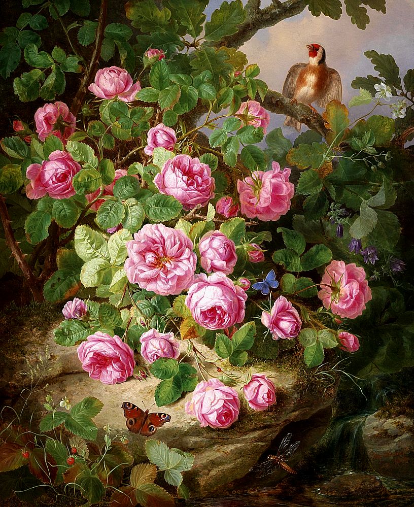 Still-life with Roses, Butterflies and Birds, vintage artwork by Josef Lauer, A3 (16x12") Poster Print