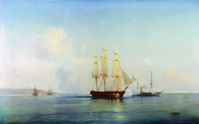The Battle of a Russian Brig with Turkish Ships, vintage artwork by Alexei Bogoliubov, 12x8" (A4) Poster