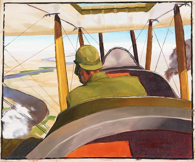 A British Pilot in a BE2c Approaching Hit along the Course of the River Euphrates, July 1919, vintage artwork by Sydney William Carline, 12x8" (A4) Poster