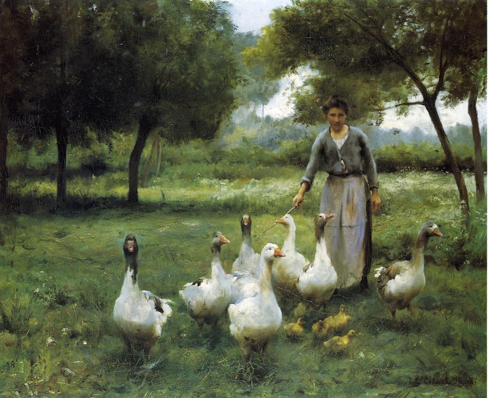 Guiding the Geese, vintage artwork by Therèse Marthe Françoise Cotard-Dupre, 12x8" (A4) Poster