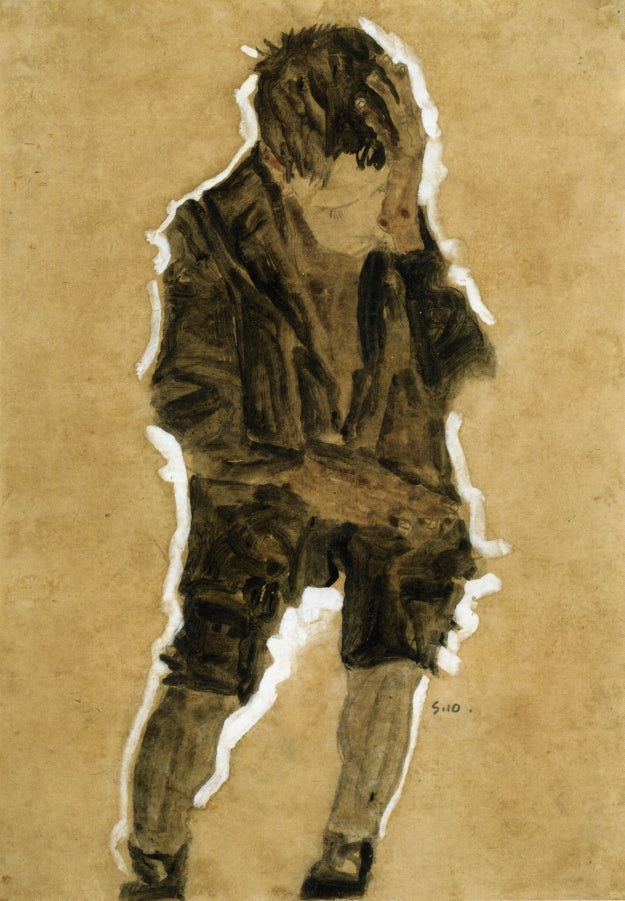 Boy with Hand to Face, vintage artwork by Egon Schiele, 12x8