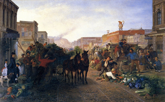Market Scene, Sansome Street, San Francisco, vintage artwork by William Hahn, 12x8" (A4) Poster