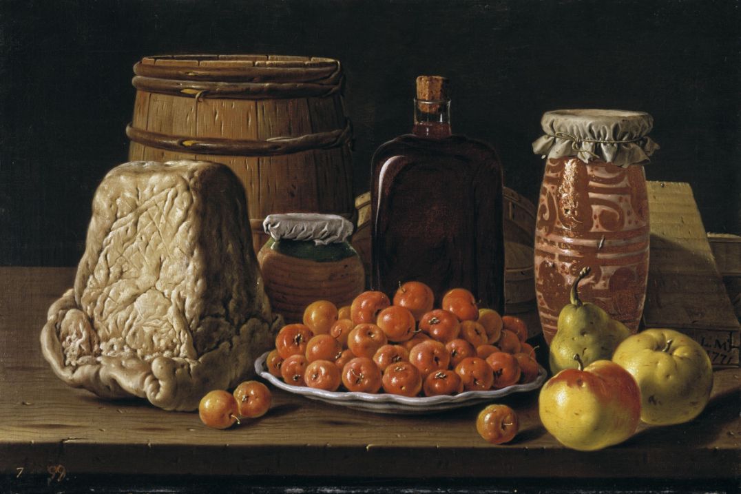 Still Life with Fruit and Cheese, vintage artwork by Luis Melendez, 12x8" (A4) Poster