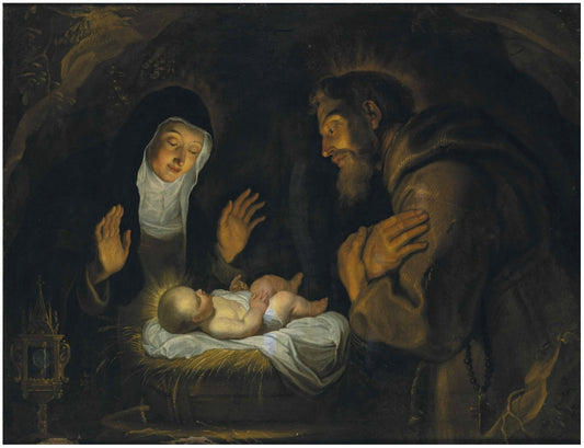 St. Clare and St. Francis of Assisi in adoration before the Child Jesus, vintage artwork by Gerard Seghers, 12x8" (A4) Poster