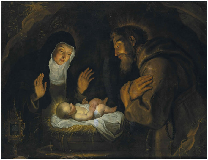 St. Clare and St. Francis of Assisi in adoration before the Child Jesus, vintage artwork by Gerard Seghers, 12x8