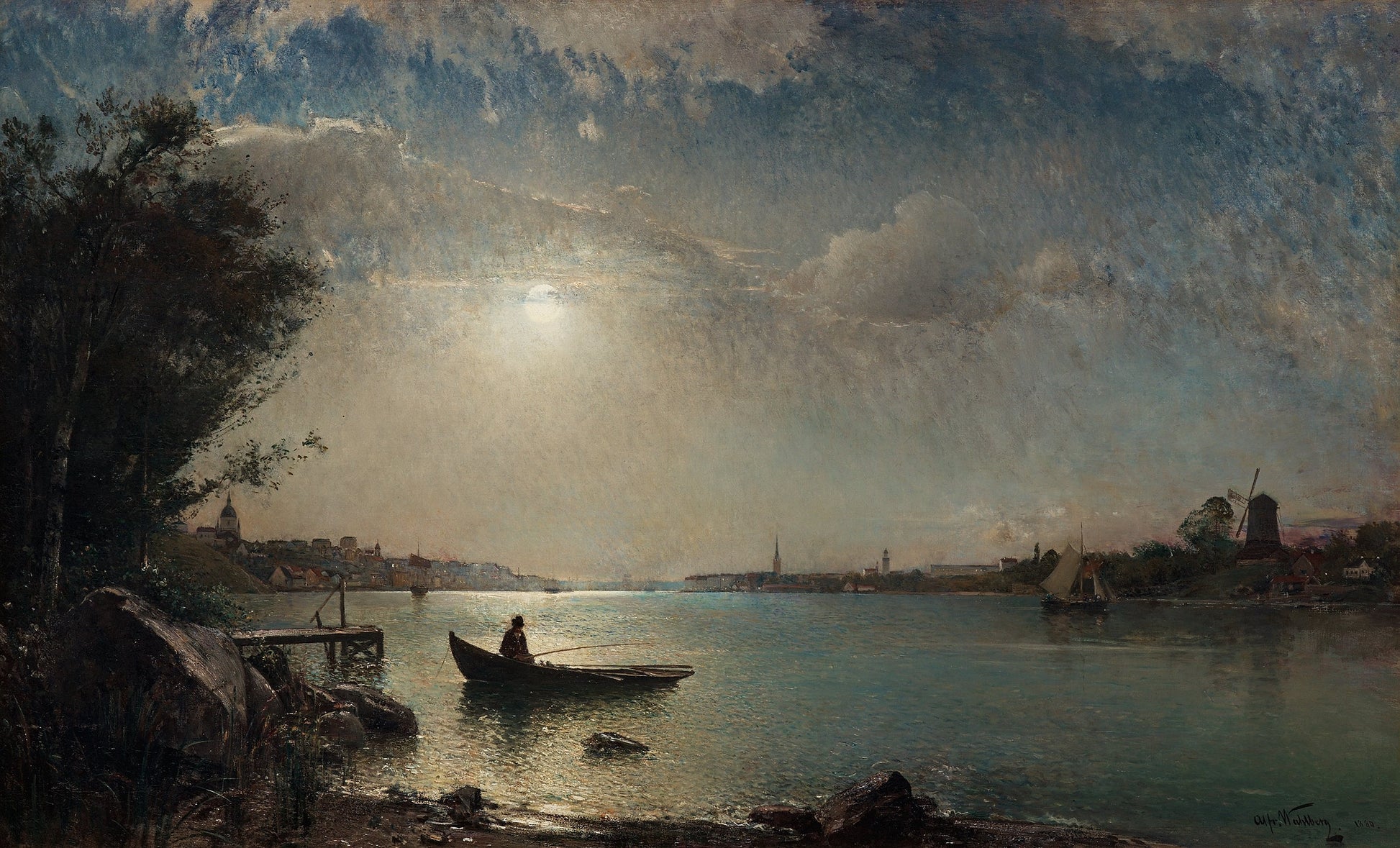 Stockholm inlet in the moonlight, vintage artwork by Alfred Wahlberg, 12x8" (A4) Poster