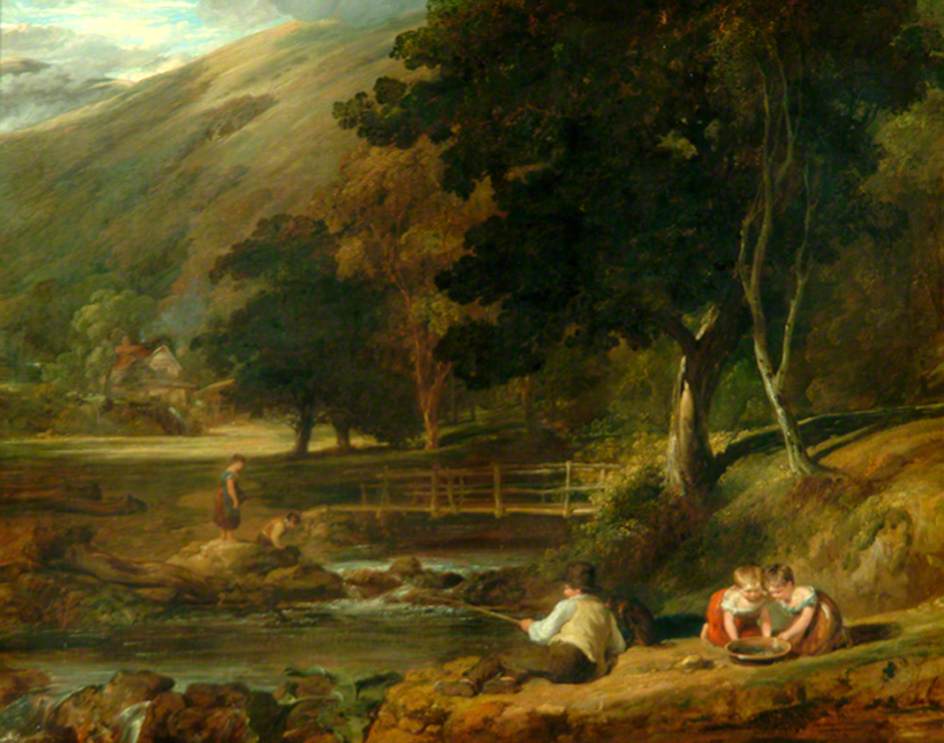 Borrowdale, Cumberland, with Children Playing by  a Brook, vintage artwork by William Collins, A3 (16x12") Poster Print