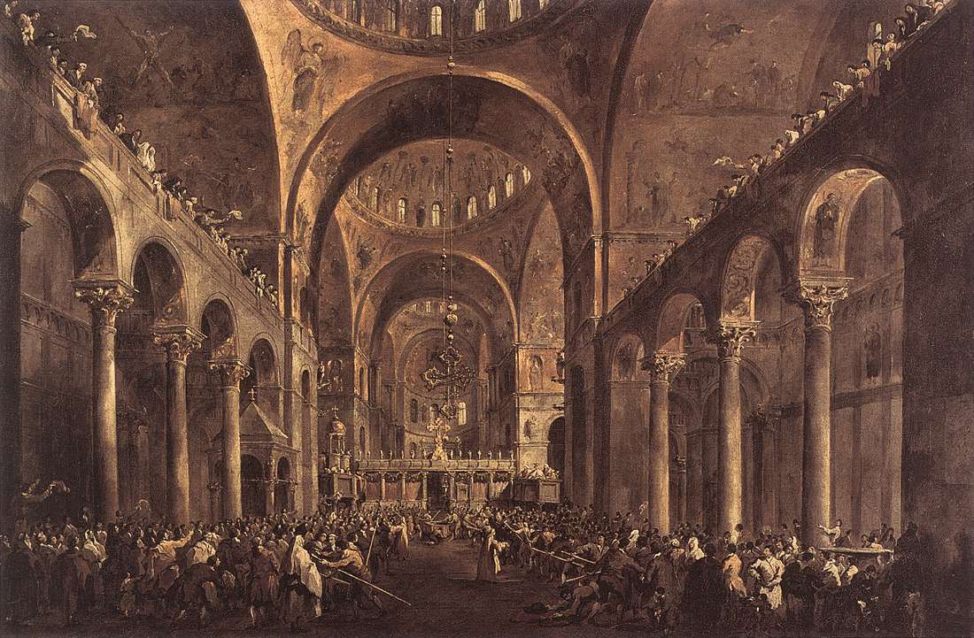Doge Alvise IV Mocenigo Appears to the People in St Mark's Basilica in 1763, vintage artwork by Francesco Guardi, 12x8" (A4) Poster