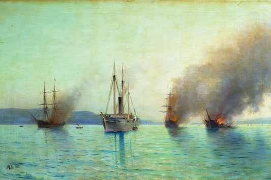 The Destruction of Turkish Ships in Bosphorus, vintage artwork by Lev Lagorio, 12x8" (A4) Poster