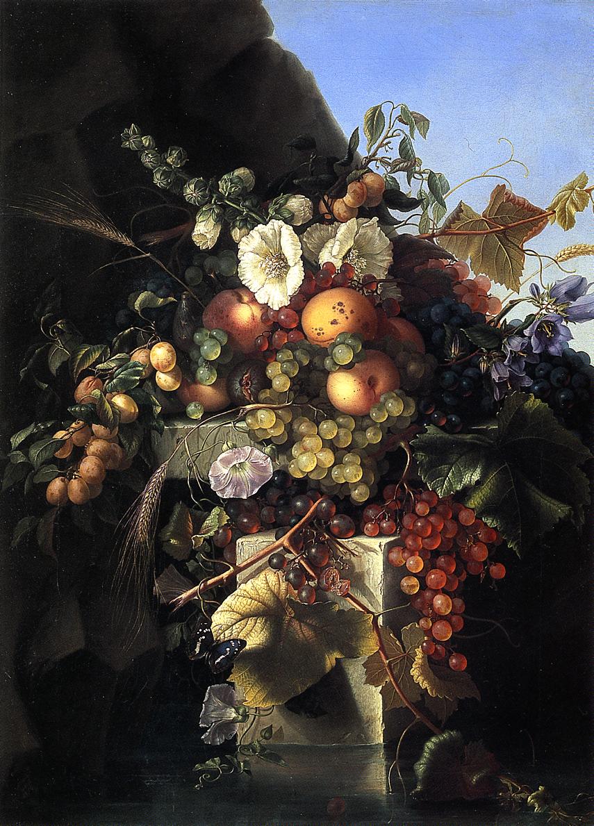 Still Life with Grapes, Peaches, Flowers and a Butterfly, vintage artwork by Adelheid Dietrich, 12x8" (A4) Poster