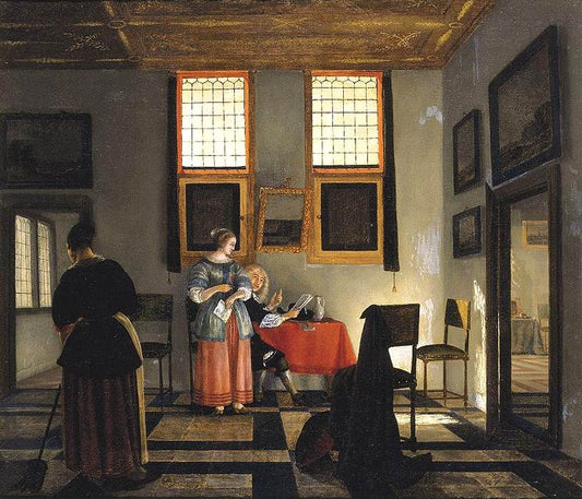 Interior with Seated Figures, vintage artwork by Pieter Janssens Elinga, 12x8" (A4) Poster