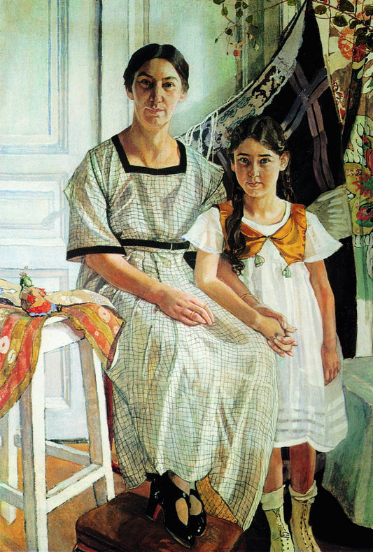 Portrait of Lidia Rybakova with Her Daughter Olga, vintage artwork by Alexander Golovin, 12x8" (A4) Poster