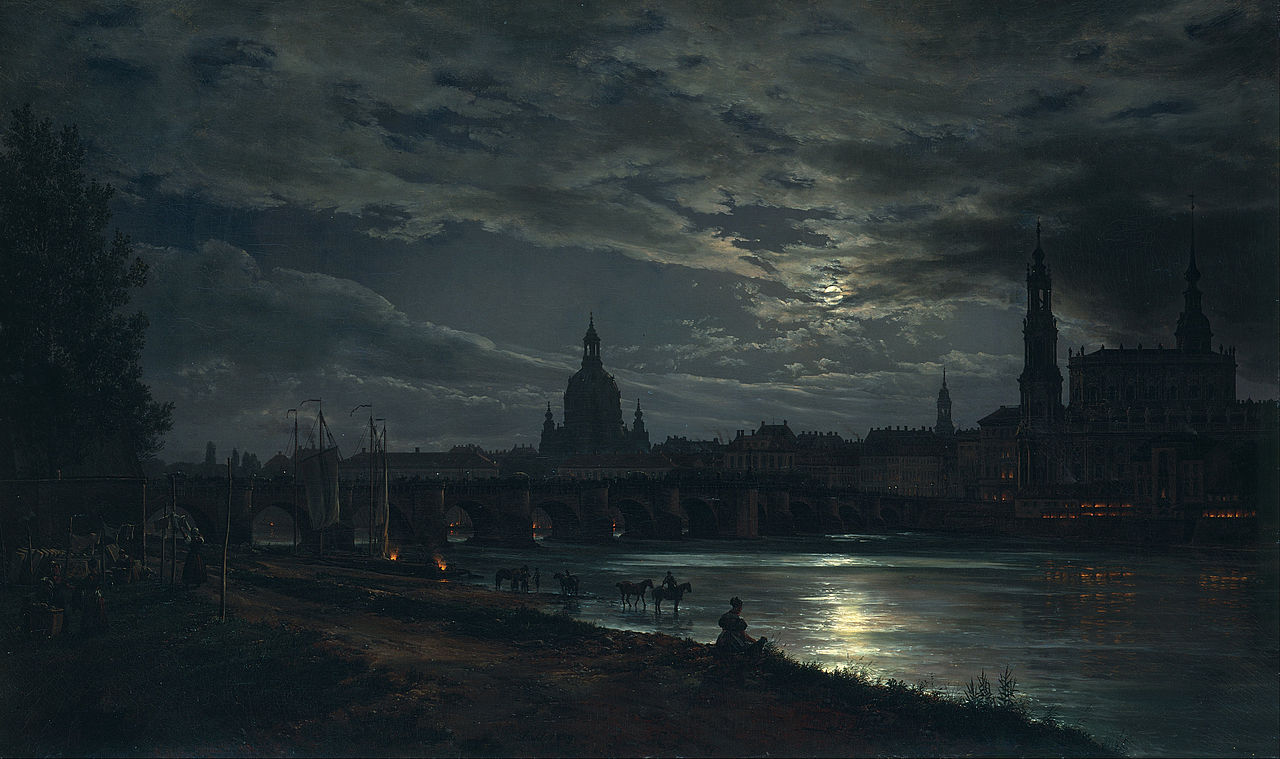 View of Dresden at Full Moon, vintage artwork by Johan Christian Claussen Dahl, A3 (16x12") Poster Print