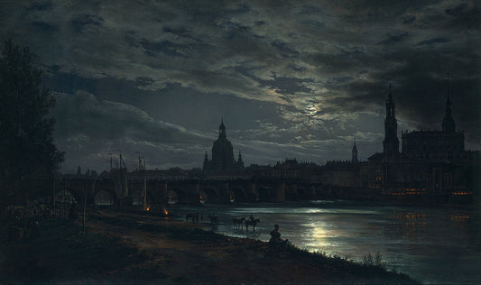 View of Dresden at Full Moon, vintage artwork by Johan Christian Claussen Dahl, A3 (16x12") Poster Print