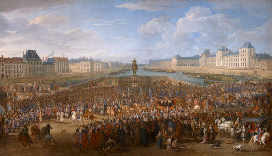March of the King accompanied by  his guards passing over the Pont-Neuf and going to the Palais, vintage artwork by Adam Frans van der Meulen, 12x8" (A4) Poster